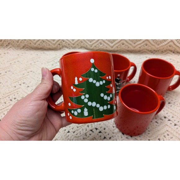 Waechtersbach Christmas Tree Red Mug Set 5 Vintage W Germany Coffee Cups MCM - Picture 4 of 5